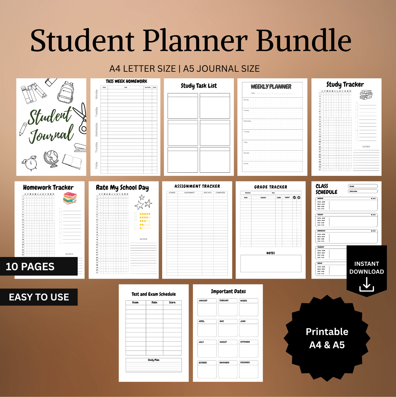 Student planner bundle with various sheets
